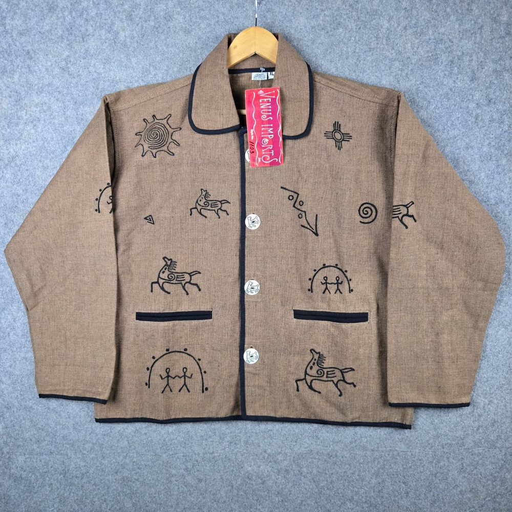 Venus Imports Jacket Womens XL Brown Southwestern Tribal Cotton Button Up New